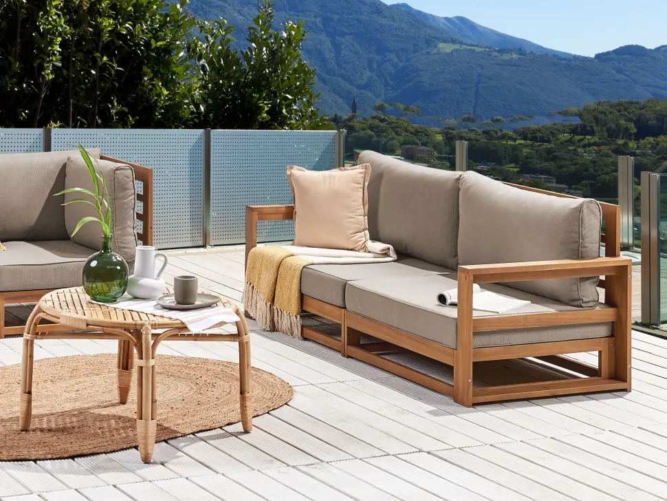 Gartensofa Akazienholz Hellbraun 2-Sitzer Auflagen Taupe Timor Ii
