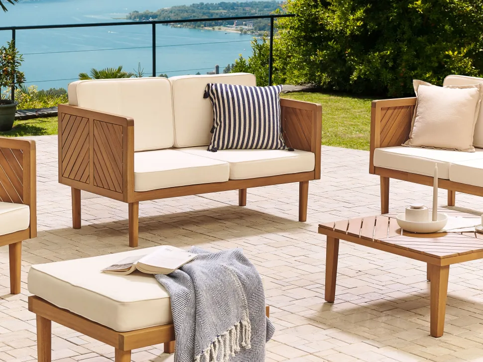 Gartensofa Akazienholz Hellbraun 2-Sitzer Auflagen Creme Baratti