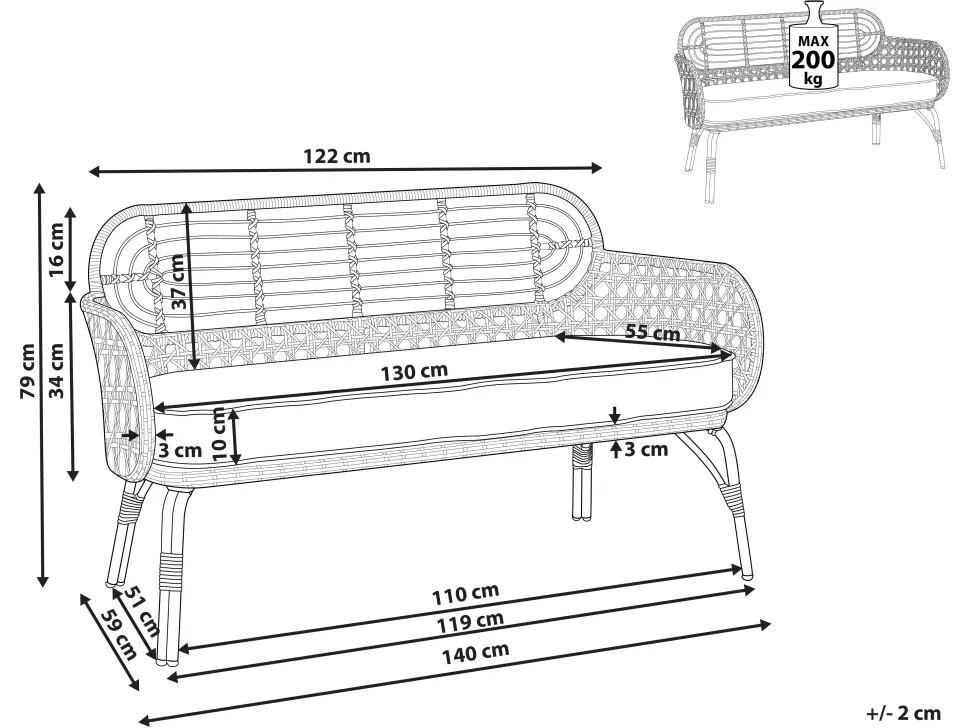 Gartensofa Rattan Naturlich 2-Sitzer 122 Cm Auflage Graphitgrau Pratello