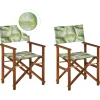 Gartenstuhl Akazienholz Dunkelbraun Textil Grau / Hellgrun Palmenmotiv 2Er Set Cine