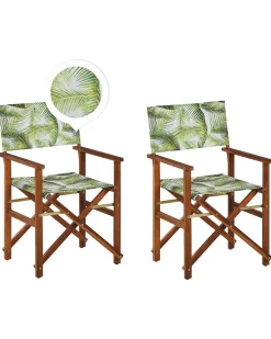 Gartenstuhl Akazienholz Dunkelbraun Textil Grau / Hellgrun Palmenmotiv 2Er Set Cine