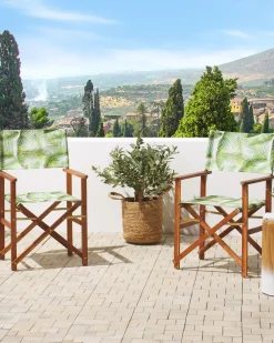 Gartenstuhl Akazienholz Dunkelbraun Textil Grau / Hellgrun Palmenmotiv 2Er Set Cine