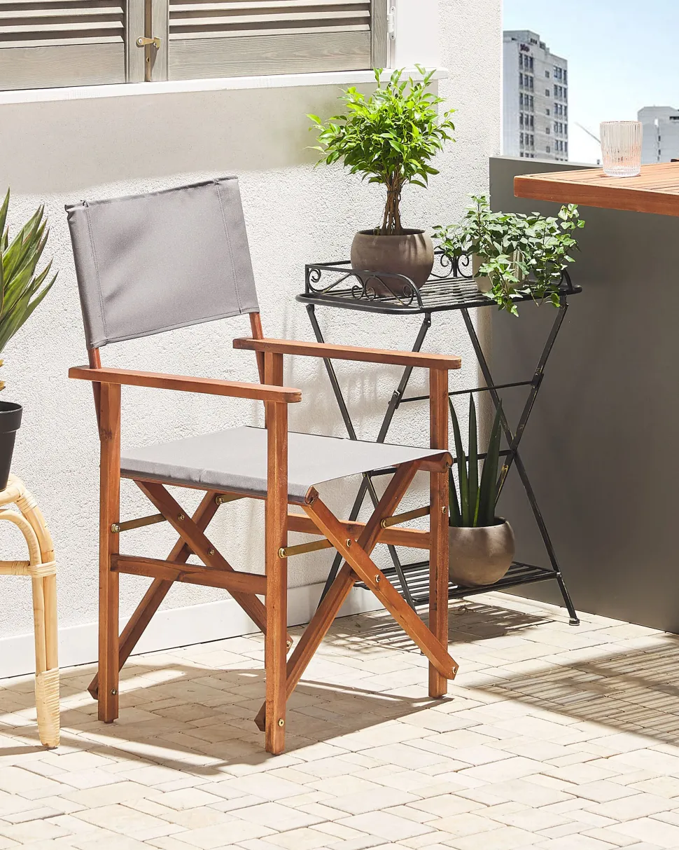 Gartenstuhl Akazienholz Dunkelbraun Textil Grau / Hellgrun Palmenmotiv 2Er Set Cine