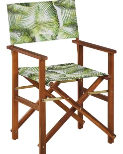 Gartenstuhl Akazienholz Dunkelbraun Textil Grau / Hellgrun Palmenmotiv 2Er Set Cine
