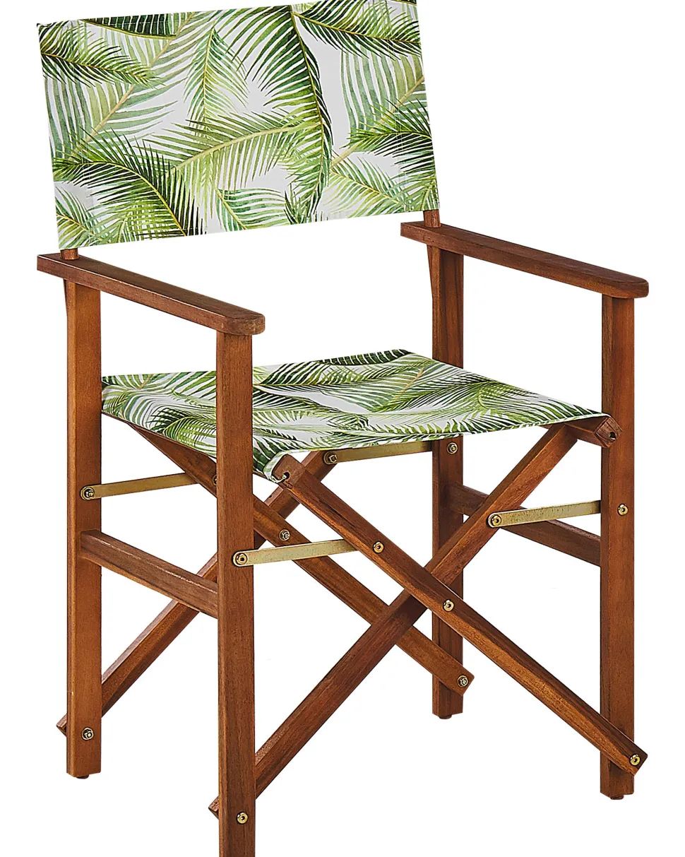 Gartenstuhl Akazienholz Dunkelbraun Textil Grau / Hellgrun Palmenmotiv 2Er Set Cine