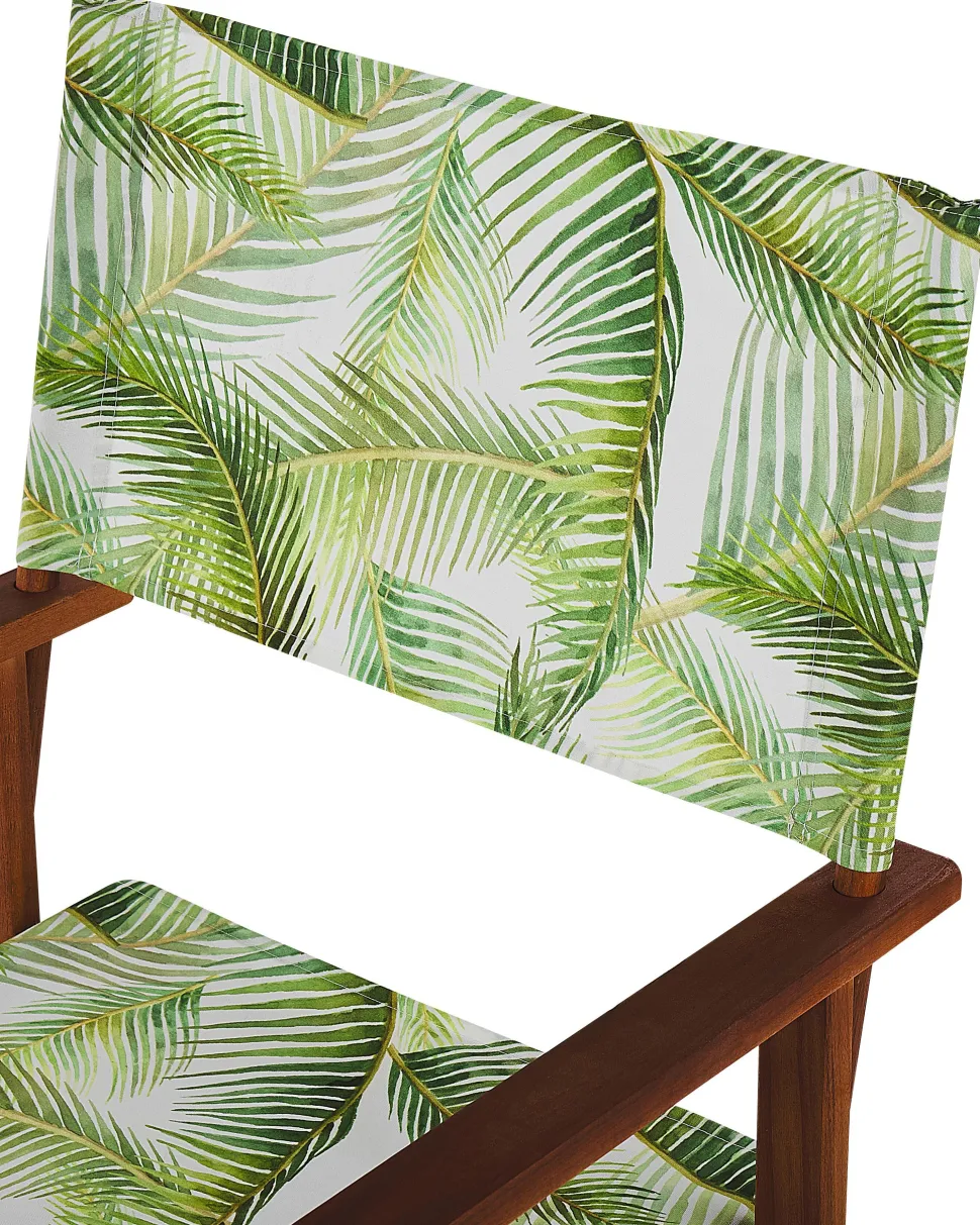Gartenstuhl Akazienholz Dunkelbraun Textil Grau / Hellgrun Palmenmotiv 2Er Set Cine