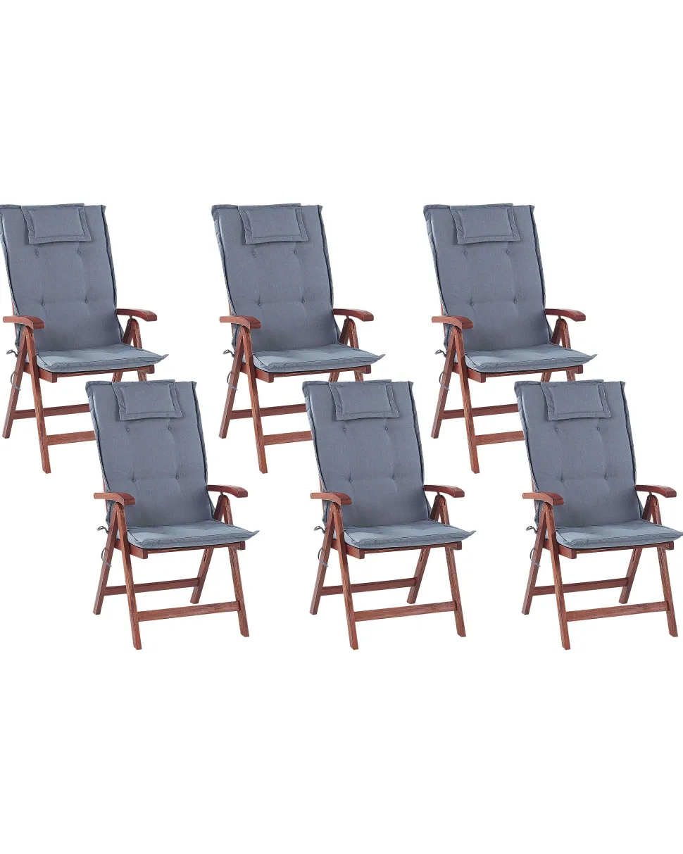 Gartenstuhl Akazienholz Dunkelbraun 6Er Set Auflagen Blau Toscana