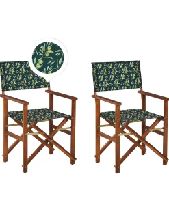 Gartenstuhl Akazienholz Dunkelbraun Textil Cremeweis / Dunkelgrun Olivenmuster 2Er Set Cine