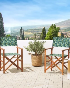 Gartenstuhl Akazienholz Dunkelbraun Textil Cremeweis / Dunkelgrun Olivenmuster 2Er Set Cine