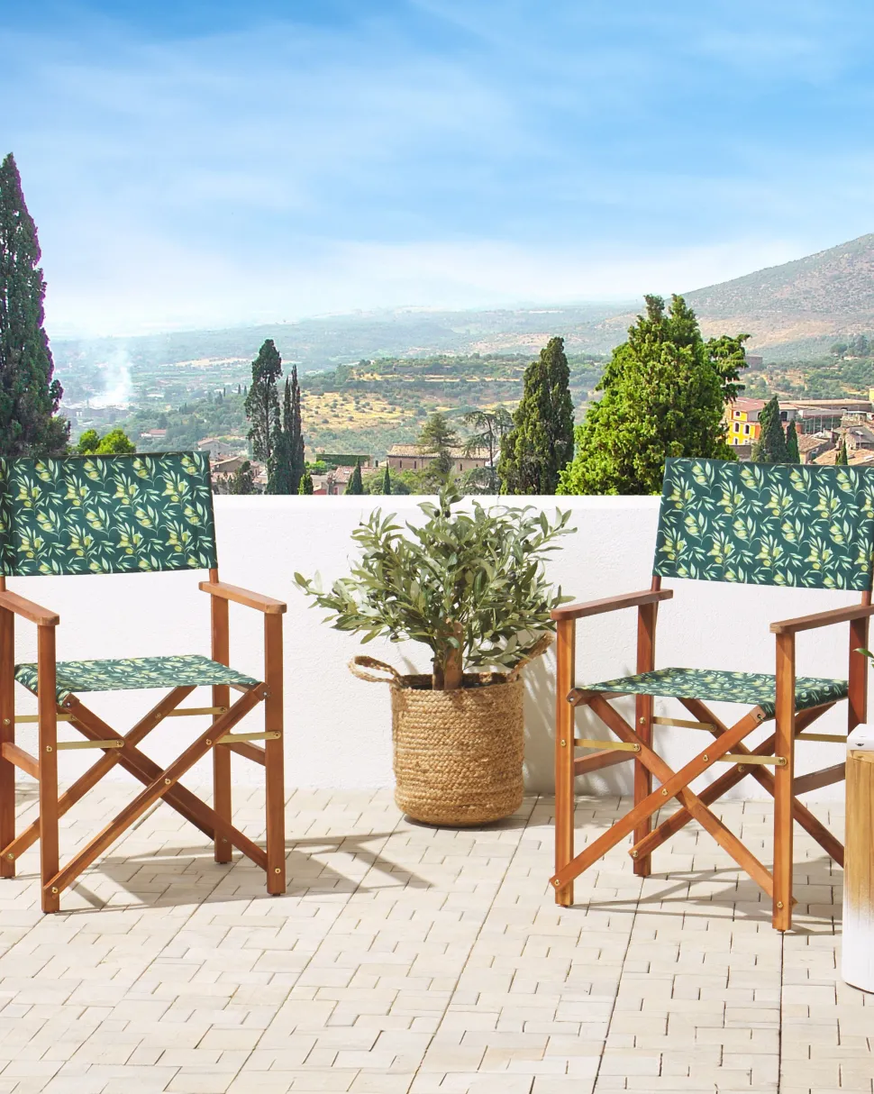 Gartenstuhl Akazienholz Dunkelbraun Textil Cremeweis / Dunkelgrun Olivenmuster 2Er Set Cine