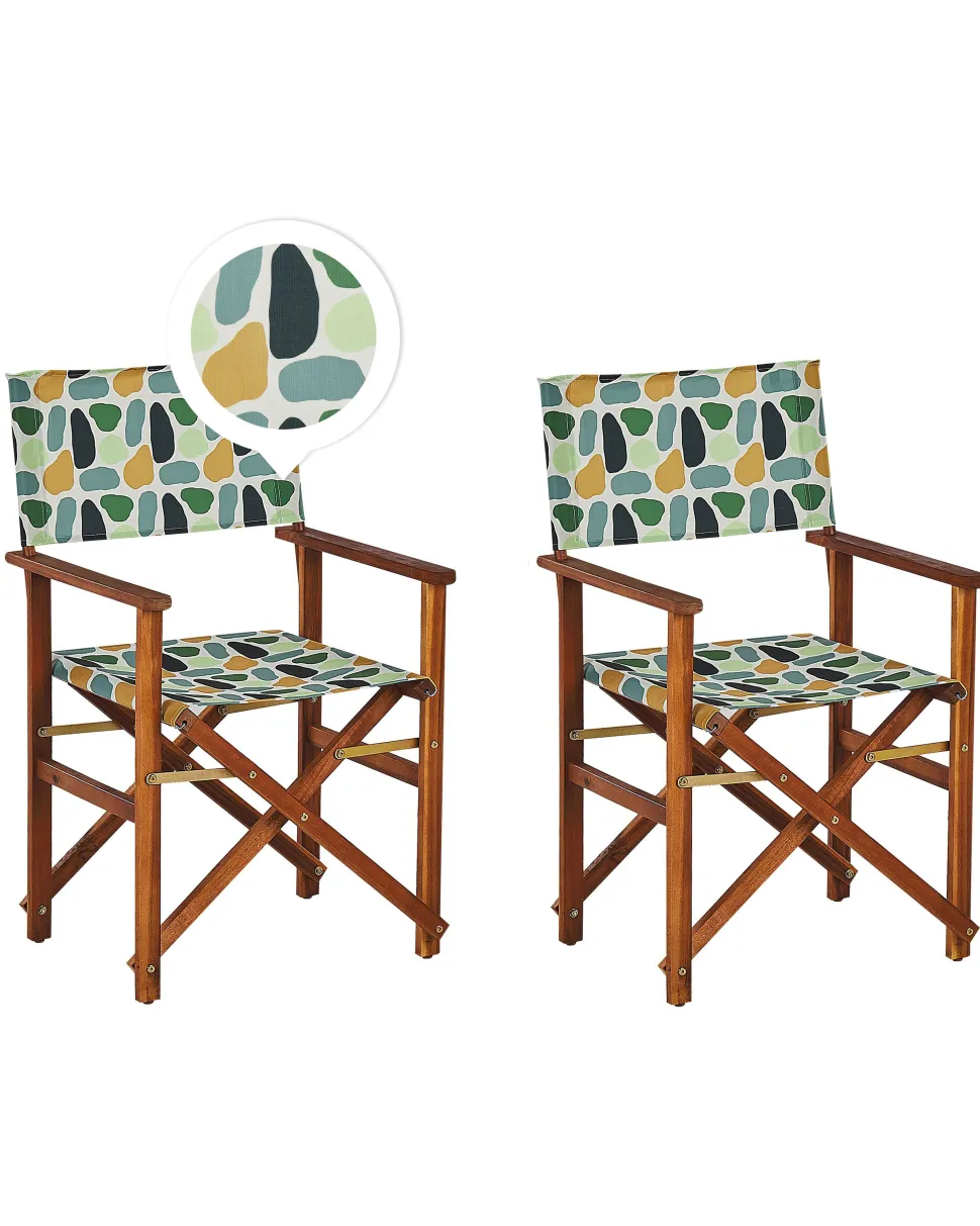 Gartenstuhl Akazienholz Dunkelbraun Textil Grau / Mehrfarbig Fleckenmuster 2Er Set Cine