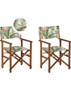Gartenstuhl Akazienholz Dunkelbraun Textil Grau / Bunt Flamingomuster 2Er Set Cine