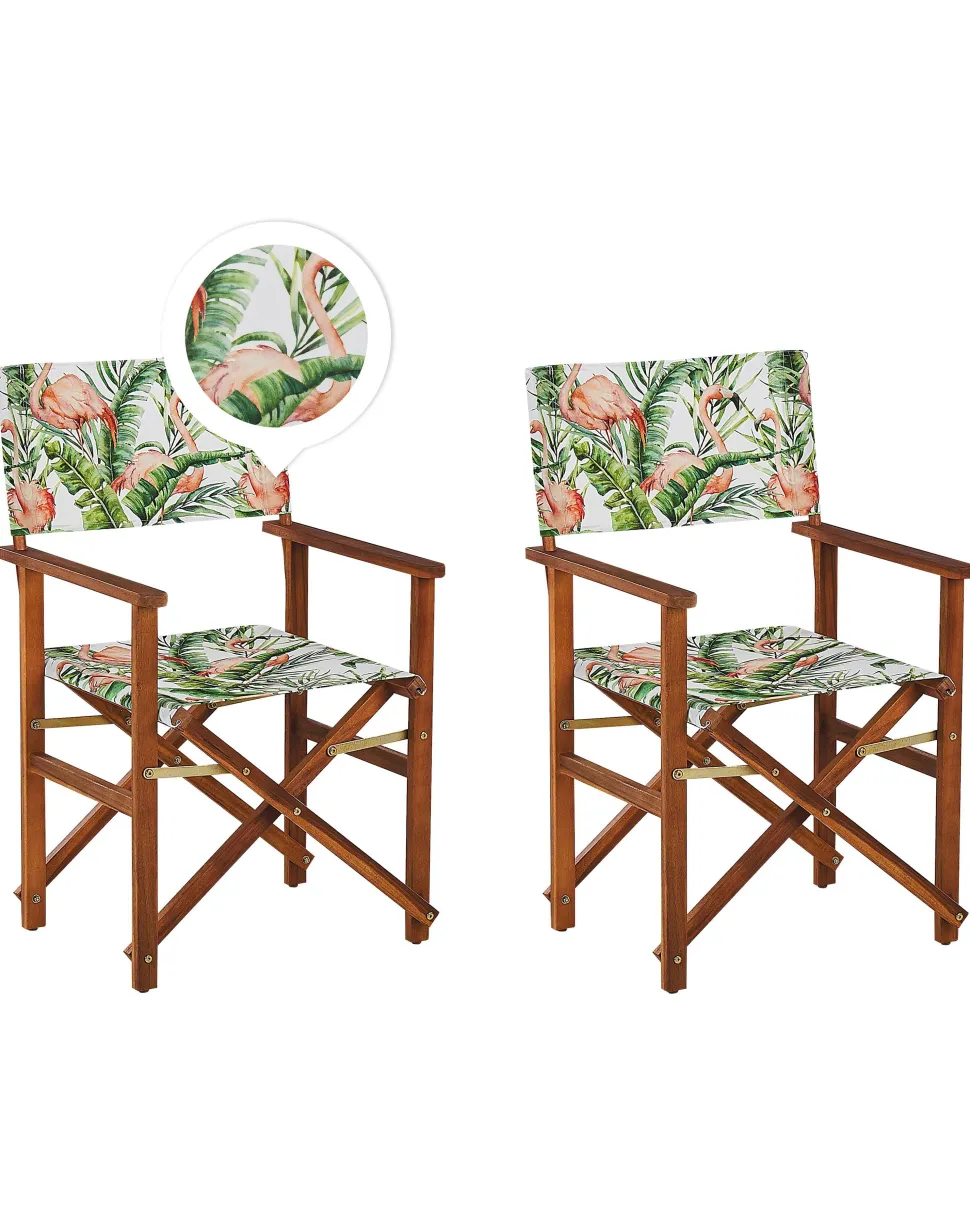 Gartenstuhl Akazienholz Dunkelbraun Textil Grau / Bunt Flamingomuster 2Er Set Cine