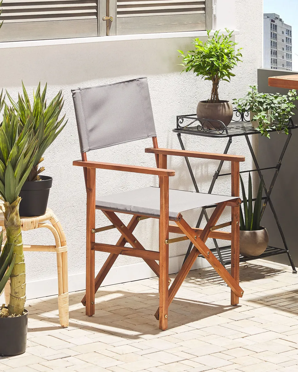 Gartenstuhl Akazienholz Dunkelbraun Textil Grau / Bunt Flamingomuster 2Er Set Cine