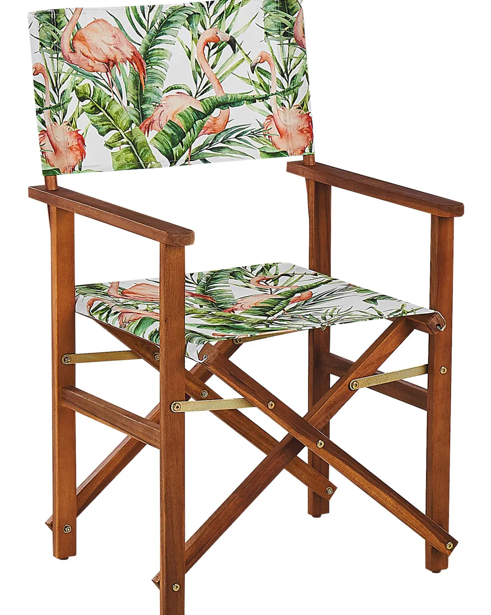 Gartenstuhl Akazienholz Dunkelbraun Textil Grau / Bunt Flamingomuster 2Er Set Cine