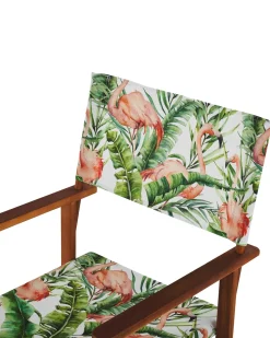 Gartenstuhl Akazienholz Dunkelbraun Textil Grau / Bunt Flamingomuster 2Er Set Cine