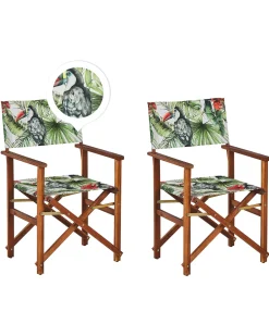 Gartenstuhl Akazienholz Dunkelbraun Textil Cremeweis / Bunt Tukanmotiv 2Er Set Cine