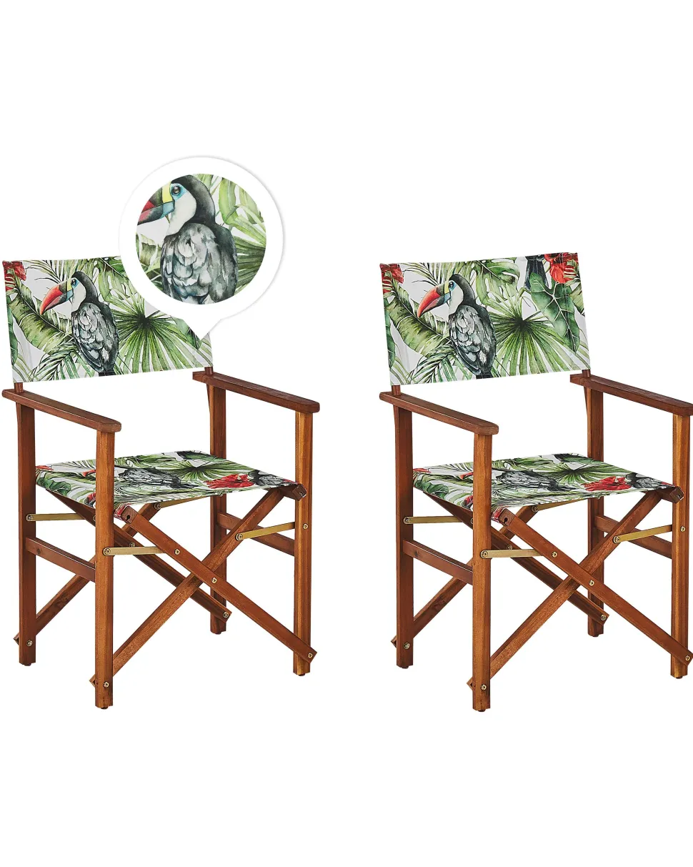 Gartenstuhl Akazienholz Dunkelbraun Textil Cremeweis / Bunt Tukanmotiv 2Er Set Cine
