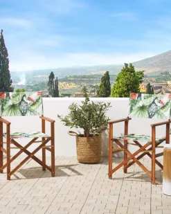 Gartenstuhl Akazienholz Dunkelbraun Textil Cremeweis / Bunt Tukanmotiv 2Er Set Cine
