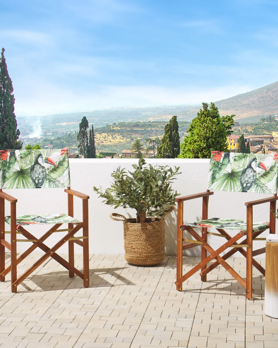 Gartenstuhl Akazienholz Dunkelbraun Textil Cremeweis / Bunt Tukanmotiv 2Er Set Cine