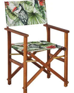 Gartenstuhl Akazienholz Dunkelbraun Textil Cremeweis / Bunt Tukanmotiv 2Er Set Cine