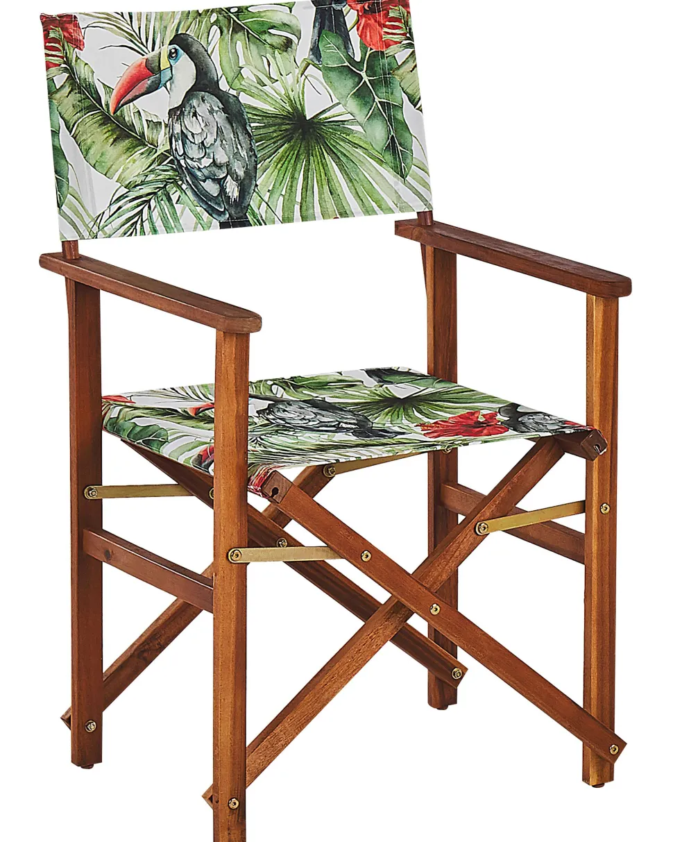 Gartenstuhl Akazienholz Dunkelbraun Textil Cremeweis / Bunt Tukanmotiv 2Er Set Cine