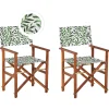 Gartenstuhl Akazienholz Dunkelbraun Textil Cremeweis / Grun Blattmuster 2Er Set Cine