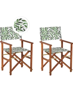 Gartenstuhl Akazienholz Dunkelbraun Textil Cremeweis / Grun Blattmuster 2Er Set Cine