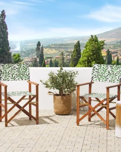 Gartenstuhl Akazienholz Dunkelbraun Textil Cremeweis / Grun Blattmuster 2Er Set Cine