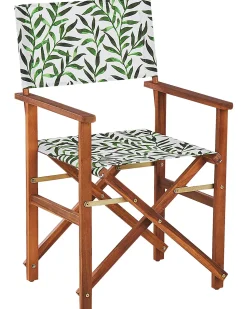 Gartenstuhl Akazienholz Dunkelbraun Textil Cremeweis / Grun Blattmuster 2Er Set Cine