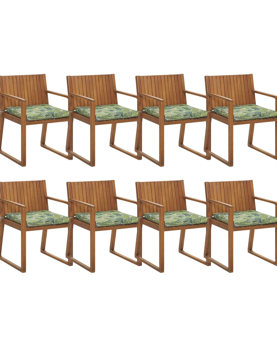 Gartenstuhl Akazienholz Hellbraun 8Er Set Auflagen Blattermuster Sassari
