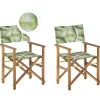 Gartenstuhl Akazienholz Hellbraun Textil Cremeweis / Hellgrun Palmenmotiv 2Er Set Cine