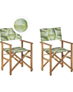 Gartenstuhl Akazienholz Hellbraun Textil Cremeweis / Hellgrun Palmenmotiv 2Er Set Cine