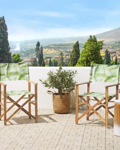 Gartenstuhl Akazienholz Hellbraun Textil Cremeweis / Hellgrun Palmenmotiv 2Er Set Cine