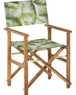 Gartenstuhl Akazienholz Hellbraun Textil Cremeweis / Hellgrun Palmenmotiv 2Er Set Cine