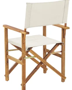 Gartenstuhl Akazienholz Hellbraun Textil Cremeweis / Hellgrun Palmenmotiv 2Er Set Cine