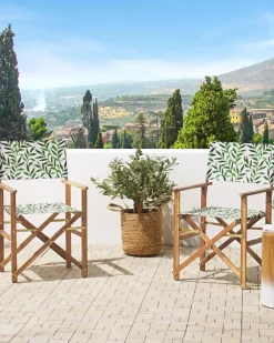 Gartenstuhl Akazienholz Hellbraun Textil Cremeweis / Grun Blattmuster 2Er Set Cine