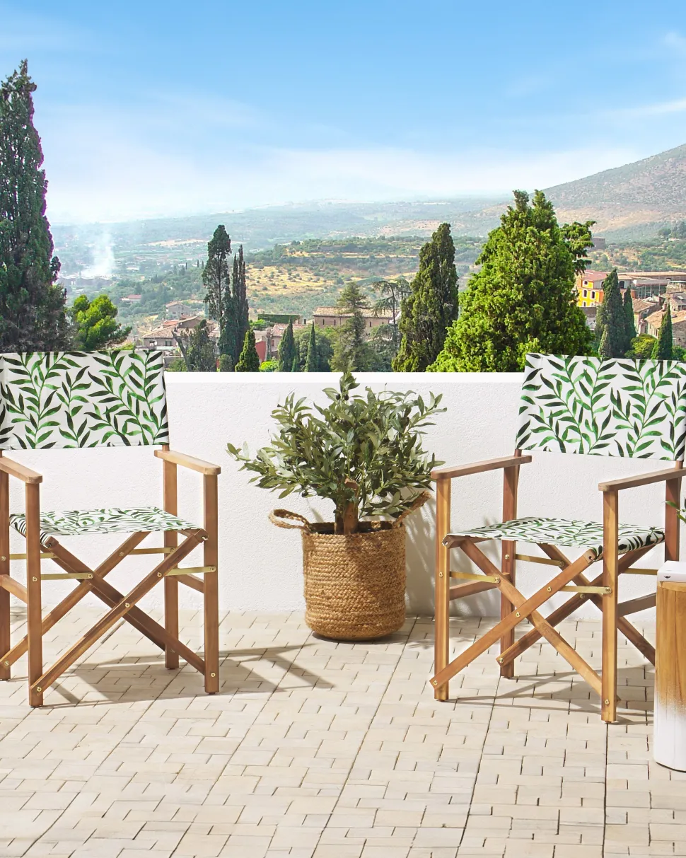 Gartenstuhl Akazienholz Hellbraun Textil Cremeweis / Grun Blattmuster 2Er Set Cine