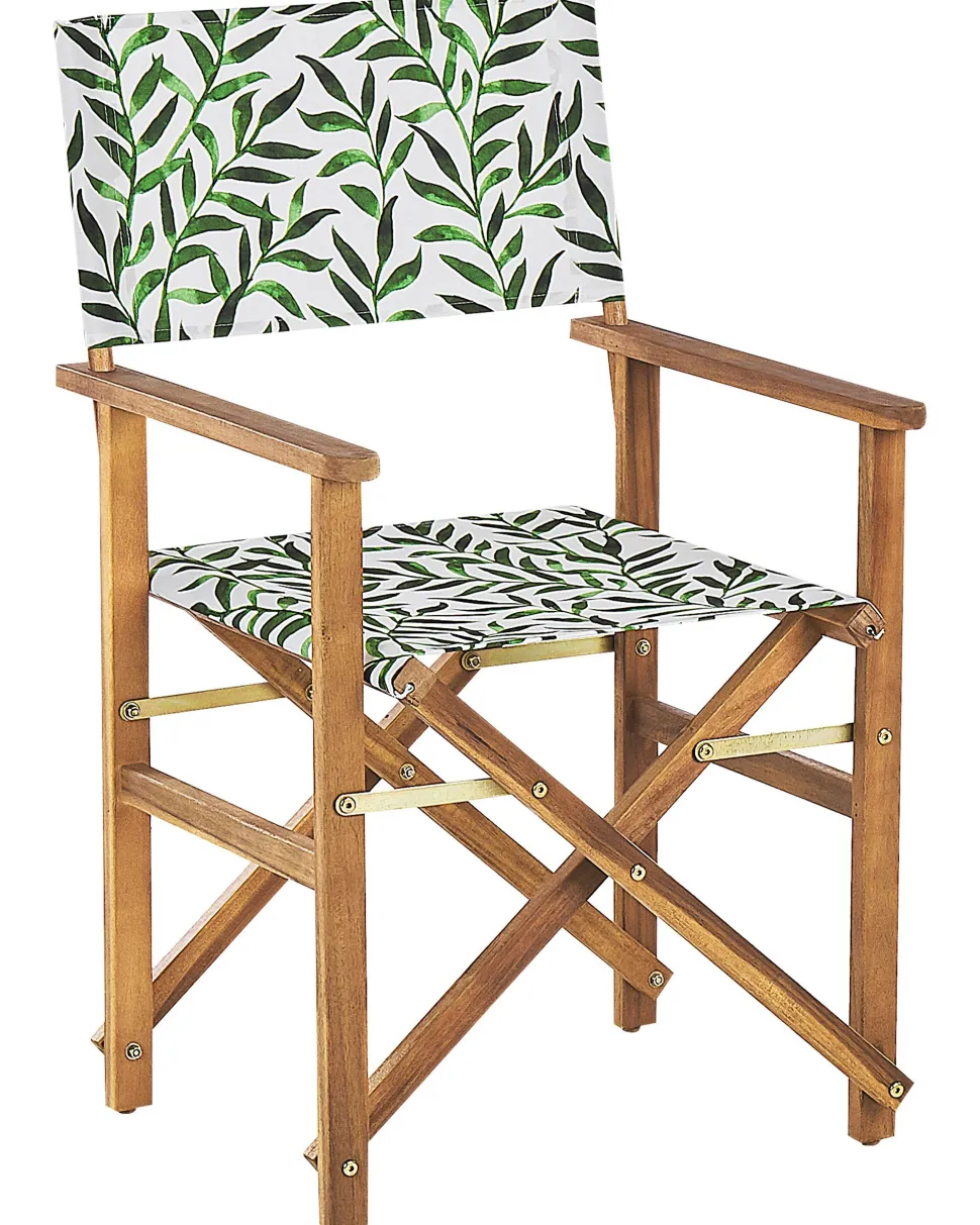 Gartenstuhl Akazienholz Hellbraun Textil Cremeweis / Grun Blattmuster 2Er Set Cine