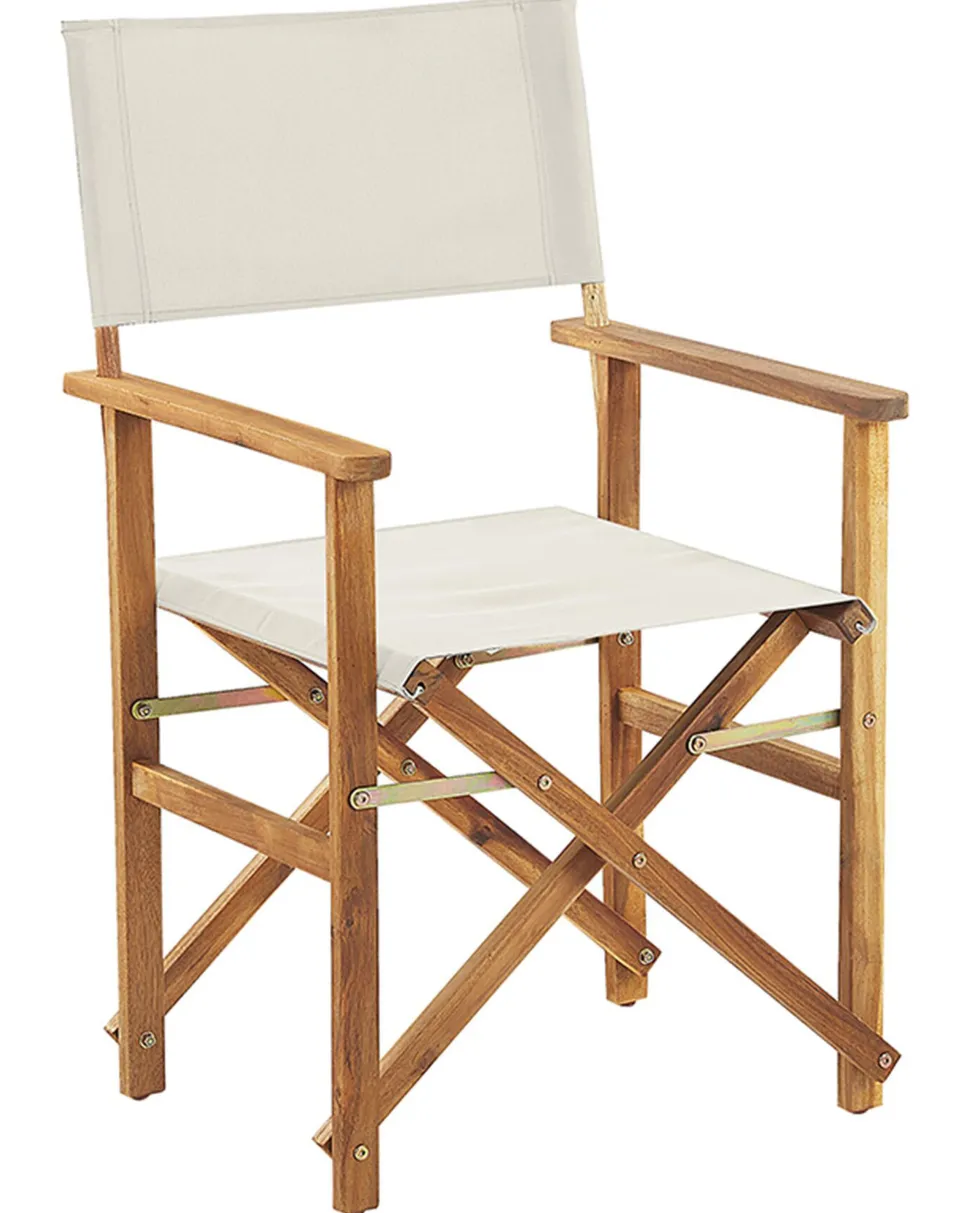 Gartenstuhl Akazienholz Hellbraun Textil Cremeweis / Grun Blattmuster 2Er Set Cine