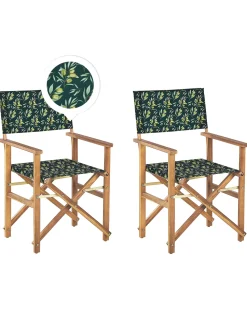 Gartenstuhl Akazienholz Hellbraun Textil Grau / Dunkelgrun Olivenmuster 2Er Set Cine