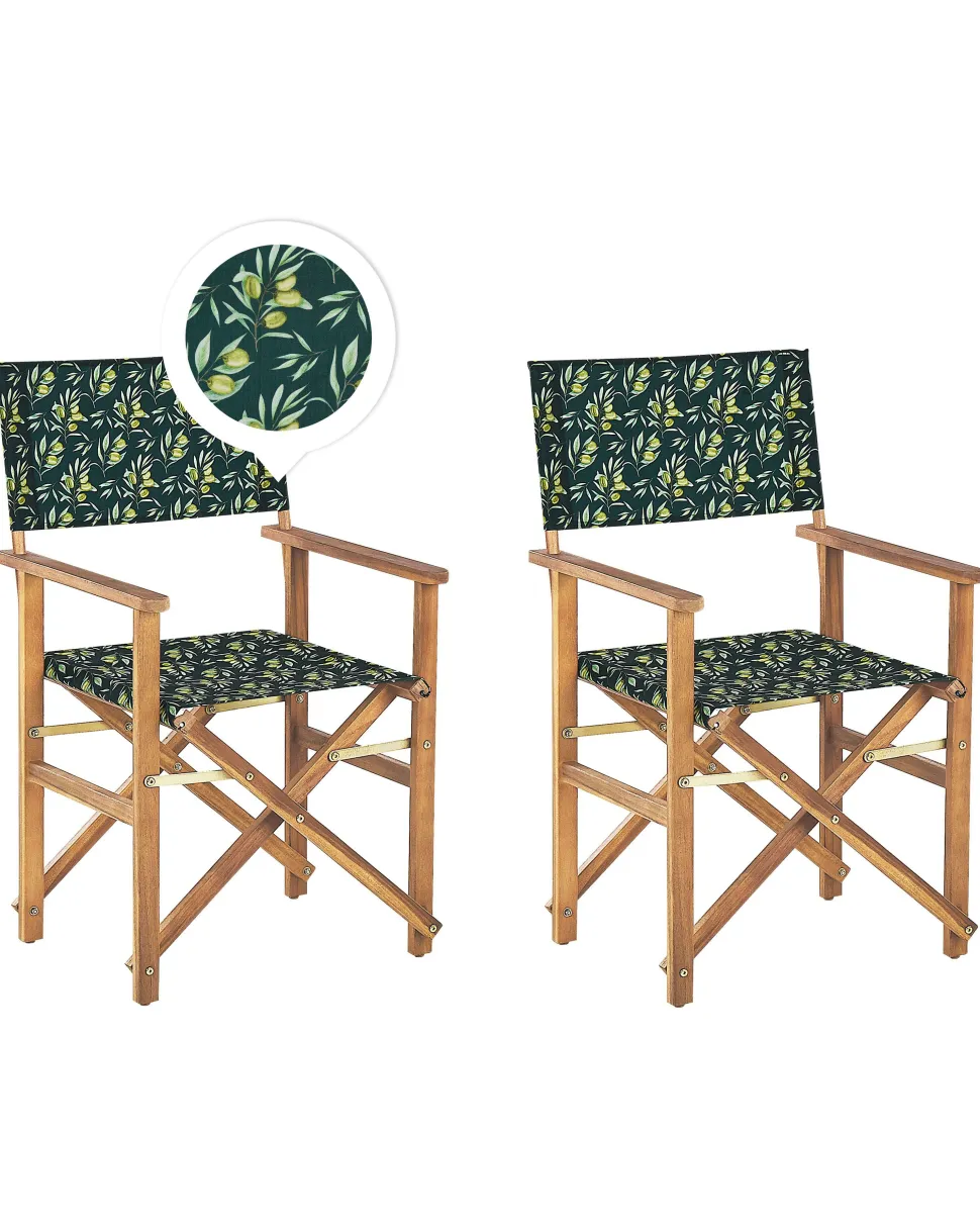 Gartenstuhl Akazienholz Hellbraun Textil Grau / Dunkelgrun Olivenmuster 2Er Set Cine