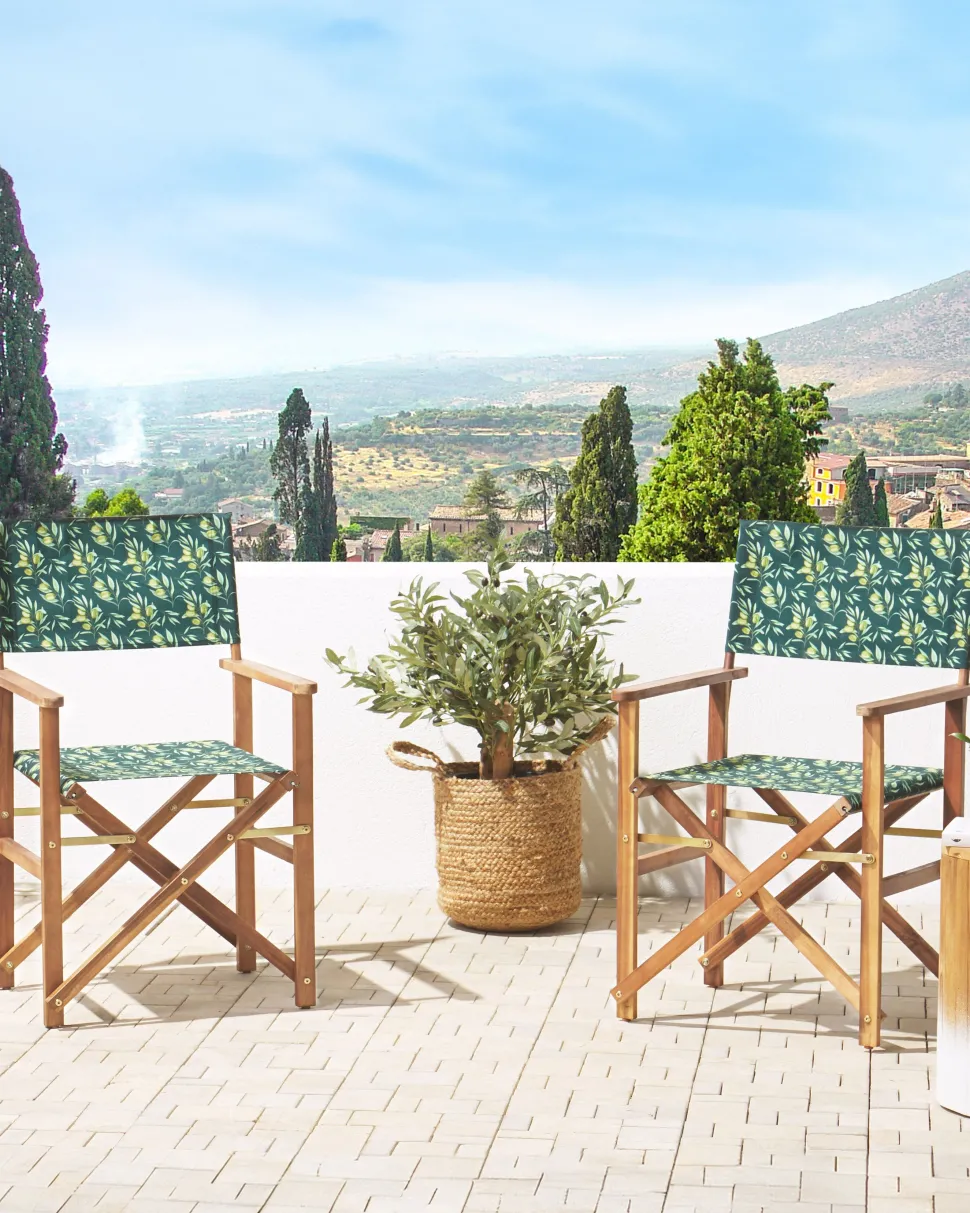 Gartenstuhl Akazienholz Hellbraun Textil Grau / Dunkelgrun Olivenmuster 2Er Set Cine