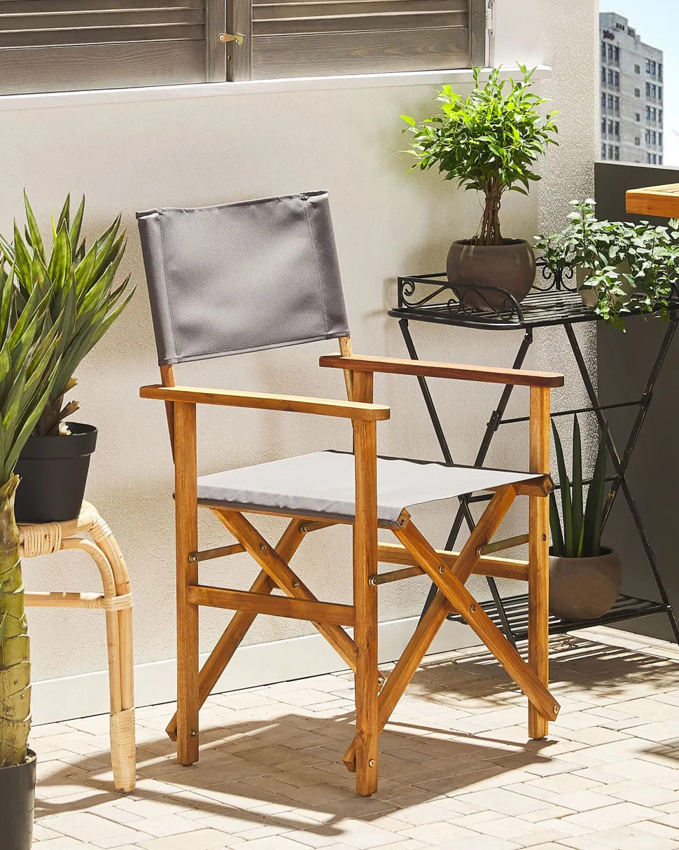 Gartenstuhl Akazienholz Hellbraun Textil Grau / Dunkelgrun Olivenmuster 2Er Set Cine