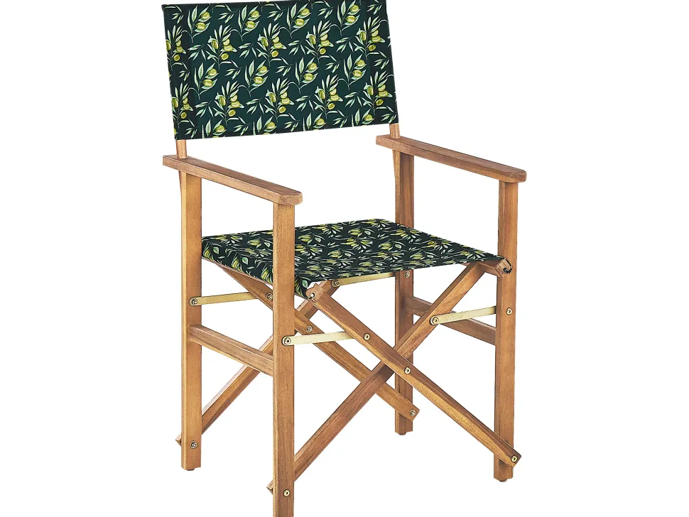 Gartenstuhl Akazienholz Hellbraun Textil Grau / Dunkelgrun Olivenmuster 2Er Set Cine