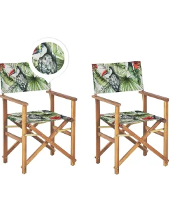 Gartenstuhl Akazienholz Hellbraun Textil Grau / Bunt Tukanmotiv 2Er Set Cine
