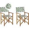 Gartenstuhl Akazienholz Hellbraun Textil Grau / Grun Blattmuster 2Er Set Cine