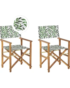 Gartenstuhl Akazienholz Hellbraun Textil Grau / Grun Blattmuster 2Er Set Cine