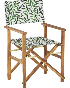 Gartenstuhl Akazienholz Hellbraun Textil Grau / Grun Blattmuster 2Er Set Cine