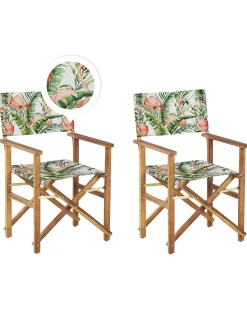 Gartenstuhl Akazienholz Hellbraun Textil Cremeweis / Bunt Flamingomuster 2Er Set Cine